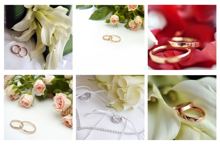 collage of wedding rings and flowersの写真素材