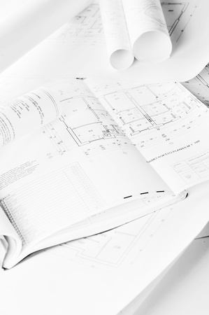  heap of design and project drawings on  table  background.のeditorial素材