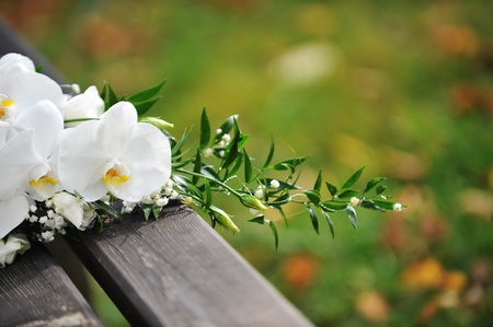 Wedding bouquet from white orchid on wooden bench の写真素材