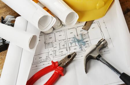 project drawings  and tools on tableの写真素材