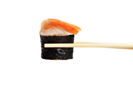 Japanese sushi rolls with wooden chopsticks isolated の写真素材