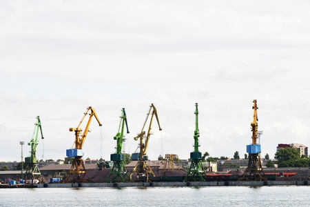 port cranes lowered the boom  in portの写真素材