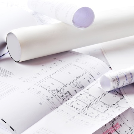 heap of design and project drawings on  table  background.の写真素材