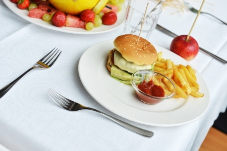 Tasty and appetizing hamburger with fries on white plateの写真素材