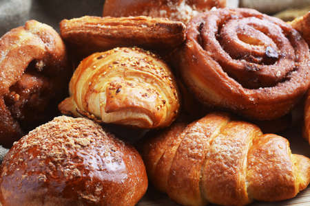 fresh baked buns on tableの写真素材