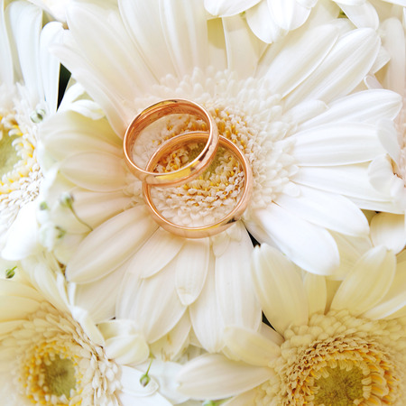 bouquet of white gerbera and wedding gold ringsの写真素材