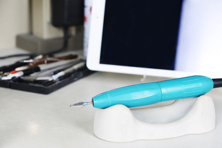 table with tools in dental  laboratoryの写真素材