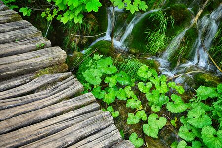 waterfalls on slopes of mountains and bridgeの写真素材