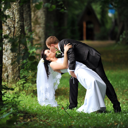groom and bride in white dress on background of green treesの写真素材