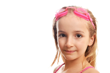 Cute  girl swimmer in  swimming costume and gogglesの写真素材