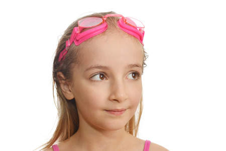 Cute  girl swimmer in  swimming costume and gogglesの写真素材