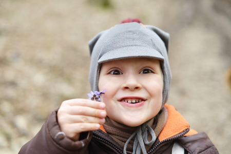 Adorable little boy picking  first flowers of spring in the woodsの写真素材