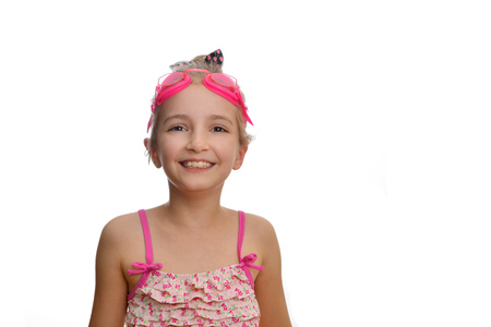 Cute  girl swimmer in  swimming costume and gogglesの写真素材