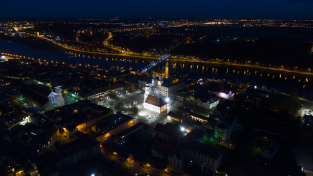 aerial view of old town at nightの写真素材