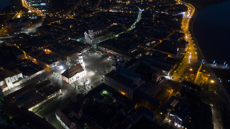 aerial view of old town at nightの写真素材