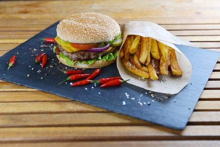 Tasty and appetizing hamburger with friesの写真素材