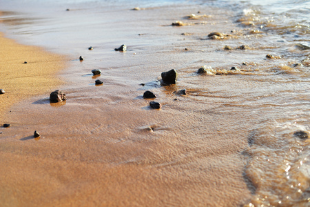 Sea beach. Stones on sand are washed by sea wavesの写真素材