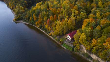 Beautiful autumn landscape river and treesの写真素材