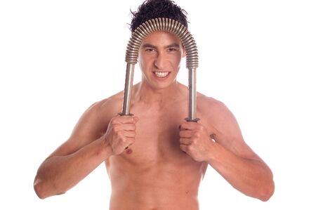 Builderman training his body with power twister isolated on whiteの写真素材