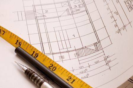 Architecture planning of interiors designe on paperの写真素材