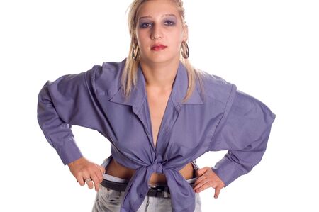 A sexual woman in shirt on white backgroundsの写真素材