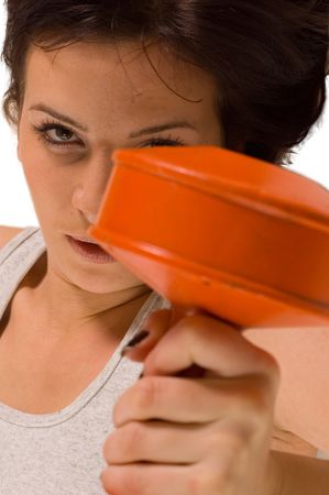 Muscular builder woman training and holding dumbbelの写真素材