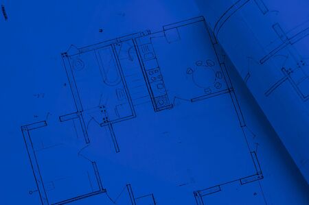Blue architecture planning of interiors designe on paper