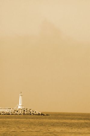 Observation station on the high sea against blue skyの写真素材