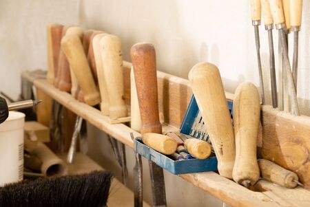 Carpenter's tools in workshop, hand chisels  の写真素材