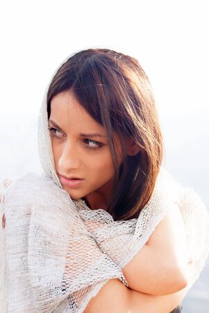 Portrait of a young sensual fashion woman with showl    の写真素材