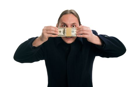 Business man holding money over face
