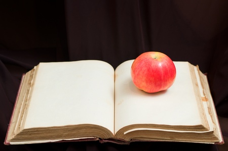 Open blank antique book with apple on itの写真素材