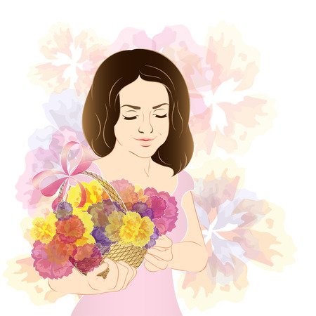 Girl with a basket of flowers in their hands. Vector, EPS 10のイラスト素材