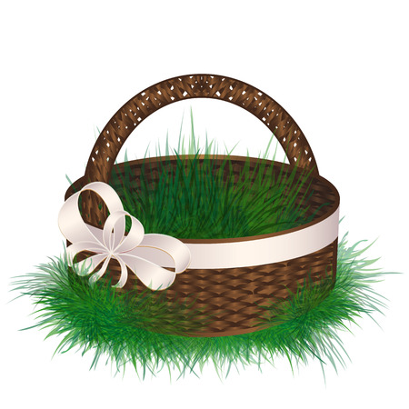 Empty wicker basket decorated ribbon with bow.のイラスト素材