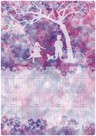 Calendar design. 2016 year. Children playing on a tire swing. Boy, girl and dog under the tree. Abstract background. Vector, EPS 10のイラスト素材