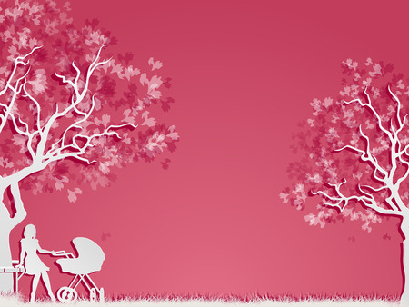 Motherhood and childhood. Woman with perambulator in the park. Vector, EPS 10のイラスト素材
