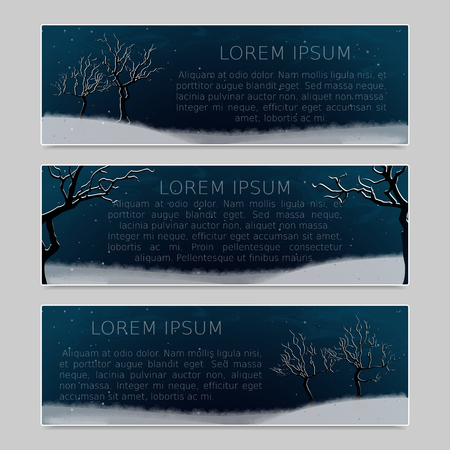 Winter landscape with white abstract  snow-covered trees and fall snow. Night scenery. Set of three banners with place for inscription. Vector, EPS 10のイラスト素材