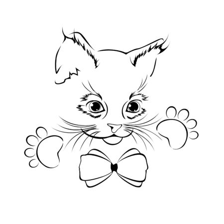 Cute outline cat head with paws and bow-knot.のイラスト素材