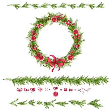 Christmas wreath with christmas balls, abstract flowers. Christmas borders. Set of christmas pine twigs and holiday decorations: balls, tapes and bows.のイラスト素材
