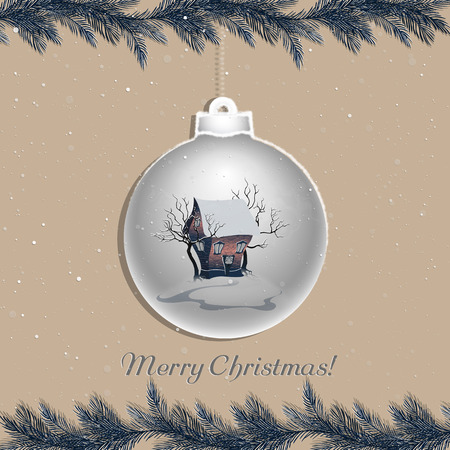 Christmas borders, frames, pine twigs. Christmas ball with winter landscape and brick house.のイラスト素材