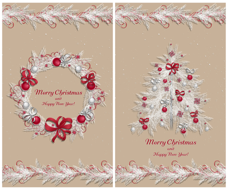 Christmas wreath with decorations: balls, ribbons and stars. Christmas tree. Christmas pine twigs and spruce branches. Christmas border. Set of two greeting cards. Vector, EPS 10.のイラスト素材