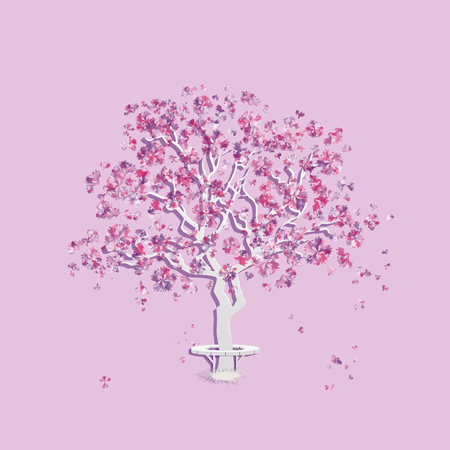 Spring landscape with abstract blooming tree. Seasons. Spring background. Watercolor imitation. Cherry tree or peach tree.のイラスト素材