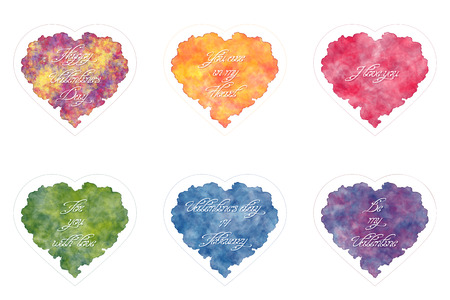 Templates of greeting card for Valentine's day. Abstract hearts with handwritten inscriptions. Watercolor imitations. Vector, EPS 10のイラスト素材