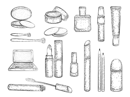 Decorative cosmetics set. Hand drawn collection of products for makeup. Detailed sketch of elements for make-up isolated on white background. Black and white pencil or ink drawingのイラスト素材