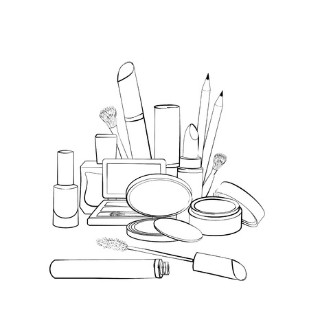 Hand drawn cosmetics collection. Sketch of elements for make-up isolated on white background. Black and white outlineのイラスト素材