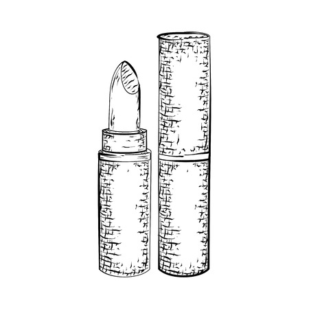 Hand drawn lipstick. Detailed sketch of open lipstick and closed lip gloss icon  isolated on white background. Black and white pencil or ink drawingのイラスト素材