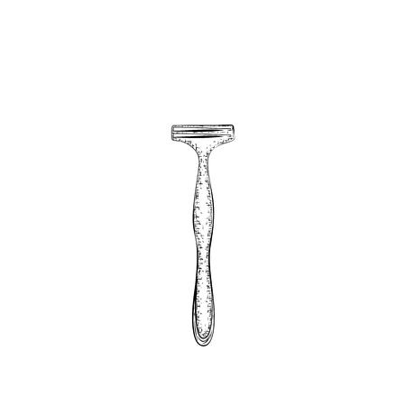 razor. Product for body care and hygiene. Detailed sketch of element for shave or haircut isolated on white background.  Black and white pencil or ink drawingのイラスト素材