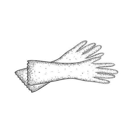 Hand drawn product for housekeeping. Detailed sketch of gloves for cleaning isolated on white background.  Black and white pencil or ink drawingのイラスト素材