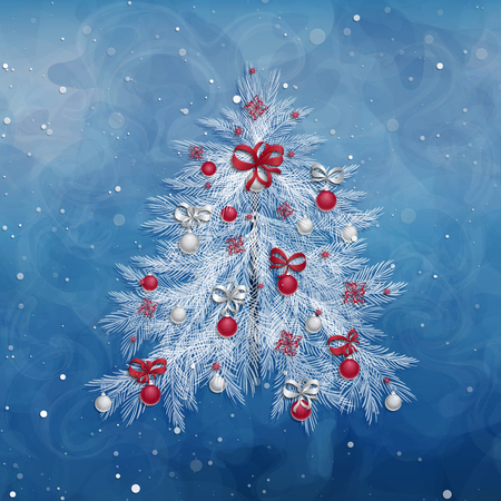 Christmas tree with decorations: balls, ribbons, stars and abstract elements. Christmas pine twigs and spruce branches. White and red colors. Vector, EPS 10.のイラスト素材