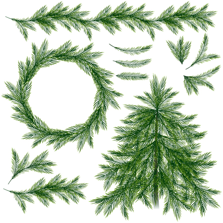 Christmas set useful for holiday decorations and border. Spruce tree, branches, wreath and border isolated on wite background. Vector, EPS 10.のイラスト素材